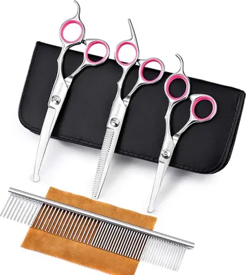 Produktbild von Hundescheren-Set Professional mit Sicherheitsrundspitze, inkl. gerader Schere, Effilierschere, Hundeschere, Fellschere gebogen und Kamm für die Haarpflege von Hunden und Katzen