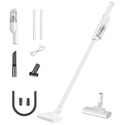 A white cordless vacuum cleaner and its accessories are displayed against a white background.