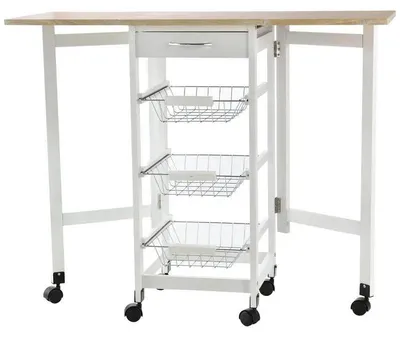 Zdjęcie produktu dla Wózek kuchenny – składany wózek serwowy – 6 kółek – 3 kosze i szuflada – 2 składane półki – 37x37x77,5 cm – biały i drewniany