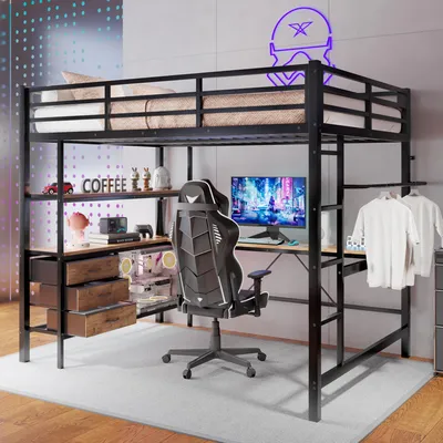 Image de Lit mezzanine 140 x 200 cm avec éclairage LED, bureau et port USB – Lit en métal noir, prise électrique, 3 tiroirs, étagères, garde-corps, escalier, 215 x 148 x 180 cm