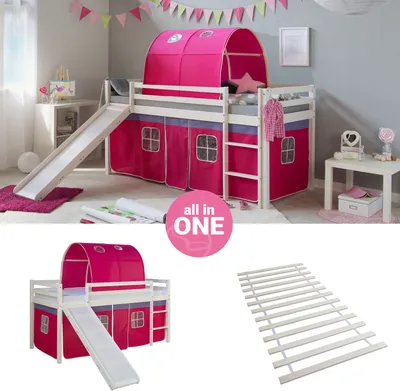 Produktbild von Homestyle4u Hochbett 90x200 mit Rutsche Lattenrost Vorhang Tunnel pink Kinderbett Weiß Holz Kiefer Massiv Jugendbett