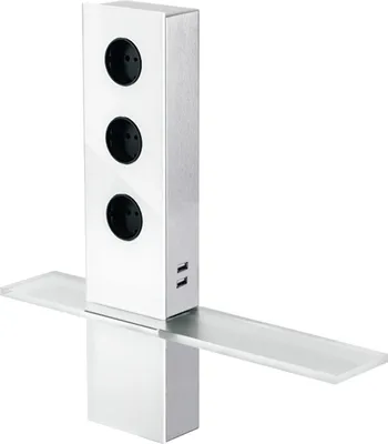 Produktbild von Turm Energiebox Design Edelstahl mit Glas weiß - Schuko 3-fach und 2-fach USB / Steckdosen / USB-Port