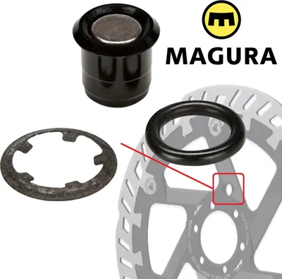 A collage of bicycle brake components, including a sensormagnet, a washer, and a section of a brake disc, with the Magura logo and brand name.