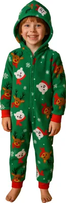 Produktbild von X-MAS Jumpsuit mit Kapuze für Jungen & Mädchen - Rentier & Eisbär Overall Kinder Pyjama Schlafanzug langarm Grün 122-128