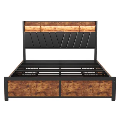 Produktbild von CDGlobal Polsterbett 160x200cm mit USB und Steckdosen, Jugendbett Doppelbett mit 4 Schubladen, Stauraumbett Massivholzbett mit LED und Lattenrost, Leinen, Schwarz