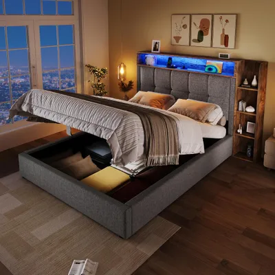 Produktbild von Multifunktionales Polsterbett mit USB-C, LED-Licht und App-Steuerung, ohne Matratze, mit Stauraum, aus Leinen, Grau, Größe 90x200 cm