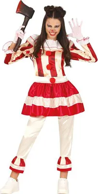 A woman in a clown costume holding an axe.