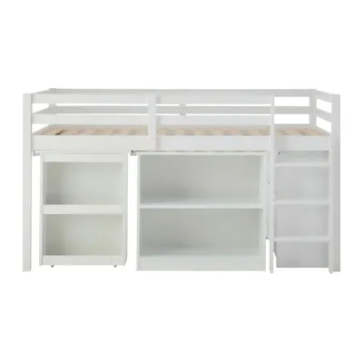 Produktbild von Hochbett Kinderbett 90x190 cm (ohne Matratze), halbhohes Bett aus weissem Kiefernholz mit Schreibtisch und Stauraum fuer Kinderzimmer