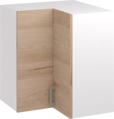 A corner kitchen cabinet with a wood-grain interior and a white exterior.
