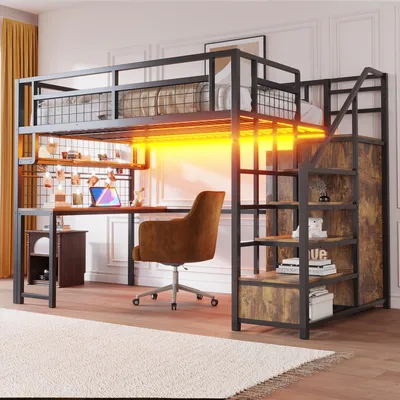Produktbild von Metall-Hochbett 140 x 200 cm mit Stauraumleiter, Kleiderschrank, Schreibtisch, Netzregal, Ablage, LED-Lichtleiste und Steckdosen, platzsparend, Schwarz