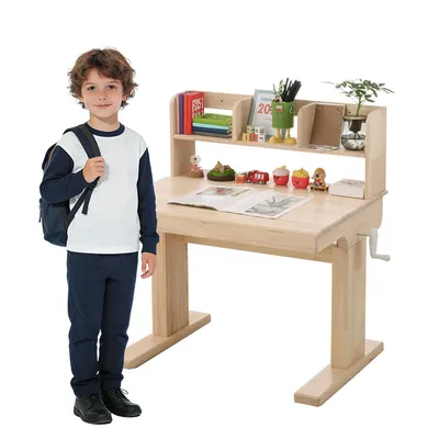 Produktbild von Kinderschreibtisch mit Stauraum Höhenverstellbarer Klappbare Tischplatte 0°–43° Kindertisch Jugendschreibtisch für ab 6 Jahren Natural