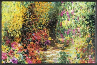 A vibrant, impressionistic painting of a garden path lined with colorful flowers and foliage.