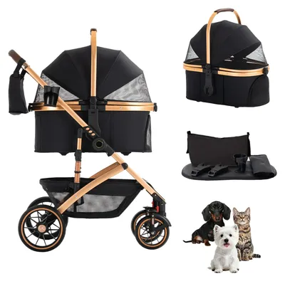 Immagine prodotto di Trasportino per animali domestici, adatto a cani e gatti - 2 in 1: passeggino e trasportino - Pieghevole - Ruote in gomma a 360° - Per cani e gatti di piccola e media taglia - Colore: nero