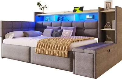 Produktbild von Merax Tagesbett Daybett 90x190cm, Schlafsofa mit 2 Schubladen, USB, Typ-C, LED, Regal, Stauraumbank, Polsterbett, Kinderbett, Samt, Dunkelgrau