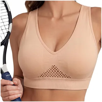 Produktbild von Sport BH Damen - Nahtlos - ohne Bügel - Größe M - Cup B-C - Beige - Fitness Top mit Mesh