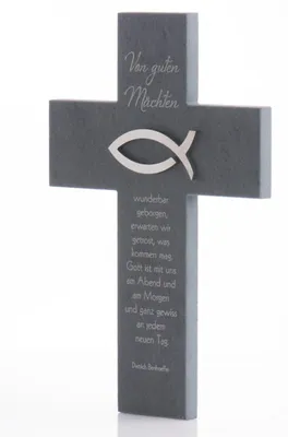 Schieferkreuz mit Edelstahlfisch, 14,5 x 21 cm, Geschenkbox
