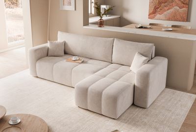 Moderne Ecksofa mit Schlaffunktion PEDRO mit L-förmigen Steppungen Couchgarnitur Wohnzimmer Beige Universal Couch moderdnen Sofa Bettcouch Manila 02