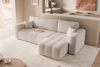Produktbild von Moderne Ecksofa mit Schlaffunktion PEDRO mit L-förmigen Steppungen Couchgarnitur Wohnzimmer Beige Universal Couch moderdnen Sofa Bettcouch Manila 02