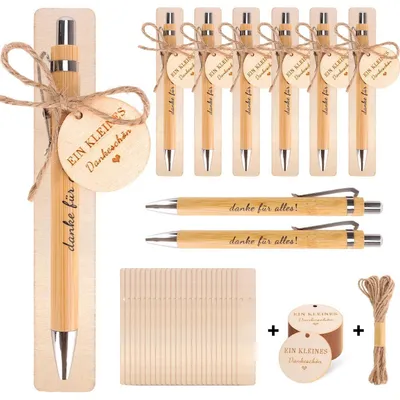 Immagine prodotto di Set regalo da 24 penne a sfera in legno con l'incisione "Grazie per tutto", completo di ciondolo e nastro decorativo