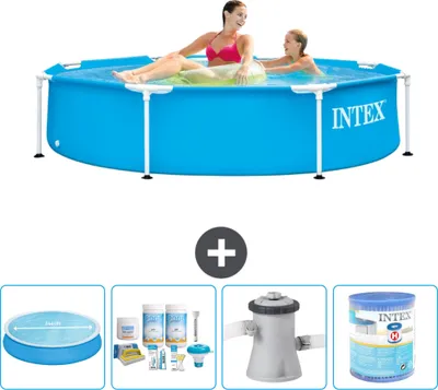 Produktbild von Intex-Schwimmbecken mit rundem Rahmen – 244 x 51 cm – Blau – im Lieferumfang enthalten Sonnensegel - Wartungspaket - Filterpumpe für Schwimmbad - Filter