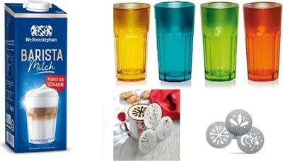 Produktbild von Weihenstephan Barista Milch 3% Fett, haltbare Vollmilch mit Drehverschluss 1l, Milch + + 4 Latte Gläser 380ml metallic Farben siehe Bild 380ml 3 Edelstahlschablonen Weihnachten