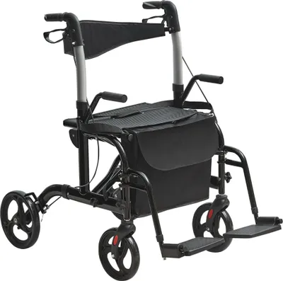 Produktbild von 2-in-1 Rollator und Transportstuhl - Zusammenklappbare Rollator-Rollstuhl-Kombination - Leichter Aluminium-Rollator mit verstellbarem Griff - All-Terrain-Räder - 136 kg - Schwarz