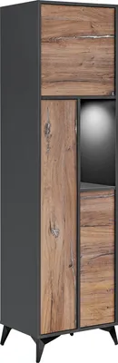 Produktbild von Komodee, Vitrine Schrank Orvieto, Eiche/Anthrazit, Breite 51 cm x Höhe 187 cm x Tiefe 40 cm, Weiße LEDs, für Wohnzimmer, Schlafzimmer