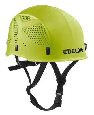 Ultralight Kletterhelm von Edelrid in leuchtendem Gelb mit Belüftungslöchern und verstellbaren Riemen.