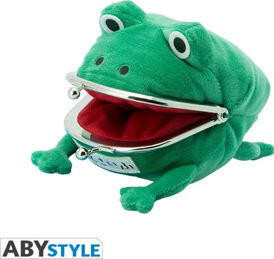 A plush frog coin purse with its mouth open, showing a red interior.