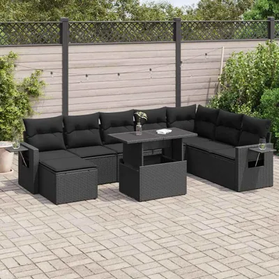Produktbild von Eleganten-Stil 9-tlg. Garten-Lounge-Set mit Kissen Garten-Sofagarnitur, Outdoor Indoor, Schwarz Poly Rattan Gartenmöbel-Sets CHY25768681