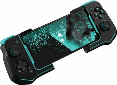 A black and teal mobile gaming controller with a smartphone inserted.