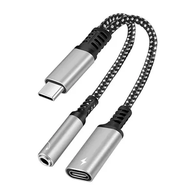 A USB-C to 3.5mm audio adapter with a USB-C charging port.