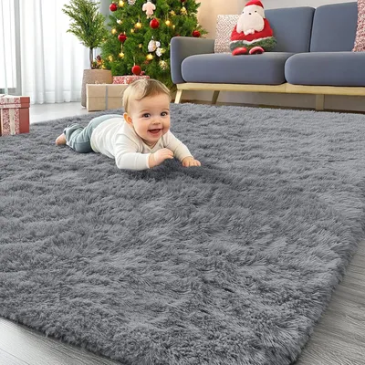 Produktbild von Flauschiger Teppich Wohnzimmer - 200x280 cm - Grau - Antirutsch und Waschbar