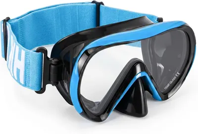 Immagine prodotto di Maschera da sub per bambini, adatta a età comprese tra i 4 e i 16 anni, colore nero e blu, con fascia in tessuto, resistente e affidabile, ideale per il nuoto