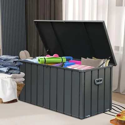 Imagen del producto de Caja de almacenamiento Domi Gartenbox de 454 litros – Caja metálica impermeable para cojines con tapa hidráulica, caja de almacenamiento con cerradura y asas, ideal para cojines de jardín y herramientas, color gris