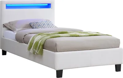 Produktbild von Polsterbett MANDALAY mit LED Beleuchtung Einzelbett Lederbett 90 x 200 cm mit Lattenrahmen, Kunstleder in weiß