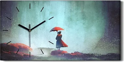 Produktbild von Dekor Leinwand Uhr Wandbilder 60x30 Frau mit einem Regenschirm Wasserfall - schwarze Hände