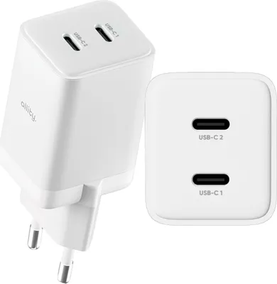 Produktbild von Allity Ladegerät mit zwei USB-C-Anschlüssen, 45W, Netzteil, GaN, leistungsstark, schnell, für Laptop, Smartphone und Tablet, weiß