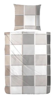 A flat lay of a pillowcase and duvet cover with a checkered pattern.