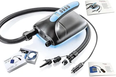 Immagine prodotto di Pompa elettrica per tavole SUP - Pompa d'aria ad alta pressione da 12V, fino a 20 psi, con spegnimento automatico e 3 adattatori per imbarcazioni gonfiabili