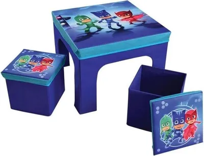 Zdjęcie produktu dla Zestaw dla Dzieci: Stół z 2 Składanymi Taboretami do Przechowywania Pyjamasques, MDF, Stół 40x50x50 cm, Taboret 30x30x30 cm