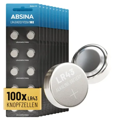 Produktbild von ABSINA 100x AG12 LR43 Batterien Knopfzellen - 1,5V Alkaline Knopfzellen 186 / LR1142 / L1142 / V12GA / GPA76 / RW84