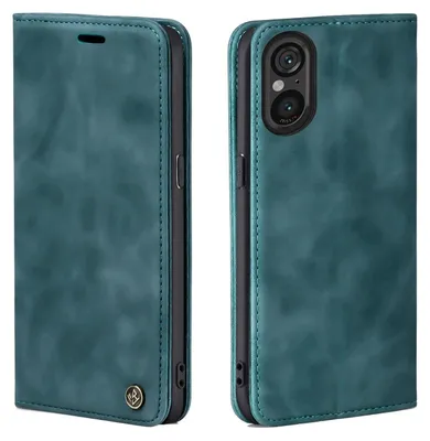 A teal flip-style phone case for a Sony Xperia 5 V is shown from two angles.