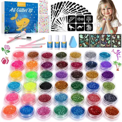 Produktbild von Temporäres Glitzertattoo für Kinder, Bledras 42 Glitzerfarben, Glitzertattoo-Set, 210 einzigartige Schablonen, 3 Kleber, 5 Pinsel, 6 Aufkleber