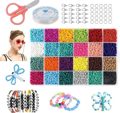 Produktbild von Mini Glasperlen zum Auffädeln, 24 Farbe Glasperlen 3mm 14400 Stücke Perlen Zum Auffädeln mit 120 Schmuckzubehör/8m Schmuckfaden Perlenschnur für DIY Armband Mädchen