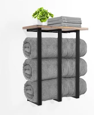 Produktbild von Unyqoos® Wand-Handtuchhalter mit Ablage, MDF-Holzfarbe & 3 stabile Eisenstangen, Tragkraft 25 kg – platzsparend für kleine Bäder, 3x XL-Handtücher (160×100 cm)