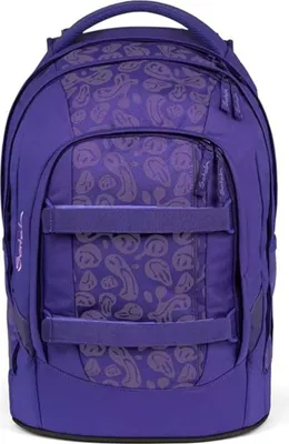 A purple backpack with a paisley-like pattern.