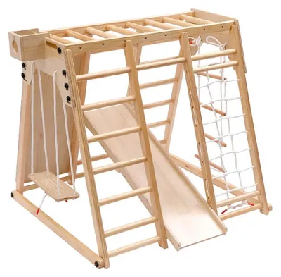 Produktbild von HOME DELUXE - Indoor Klettergerüst LIO - Kiefernholz, 121 x 112 x 121 cm, inkl. Tonieboxhalterung, Rutsche, Kletterwand und Schaukel I Kletterwand Kinder-Klettergerüst
