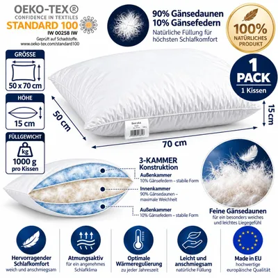 Produktbild von Dreikammer Kopfkissen 50x70 cm 1000 g – 90% Gänsedaunen – 3-Kammer Daunenkissen mit Baumwollbezug – 1er Set