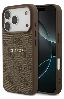 A close-up view of a brown phone case with the GUESS logo and pattern, attached to a smartphone.